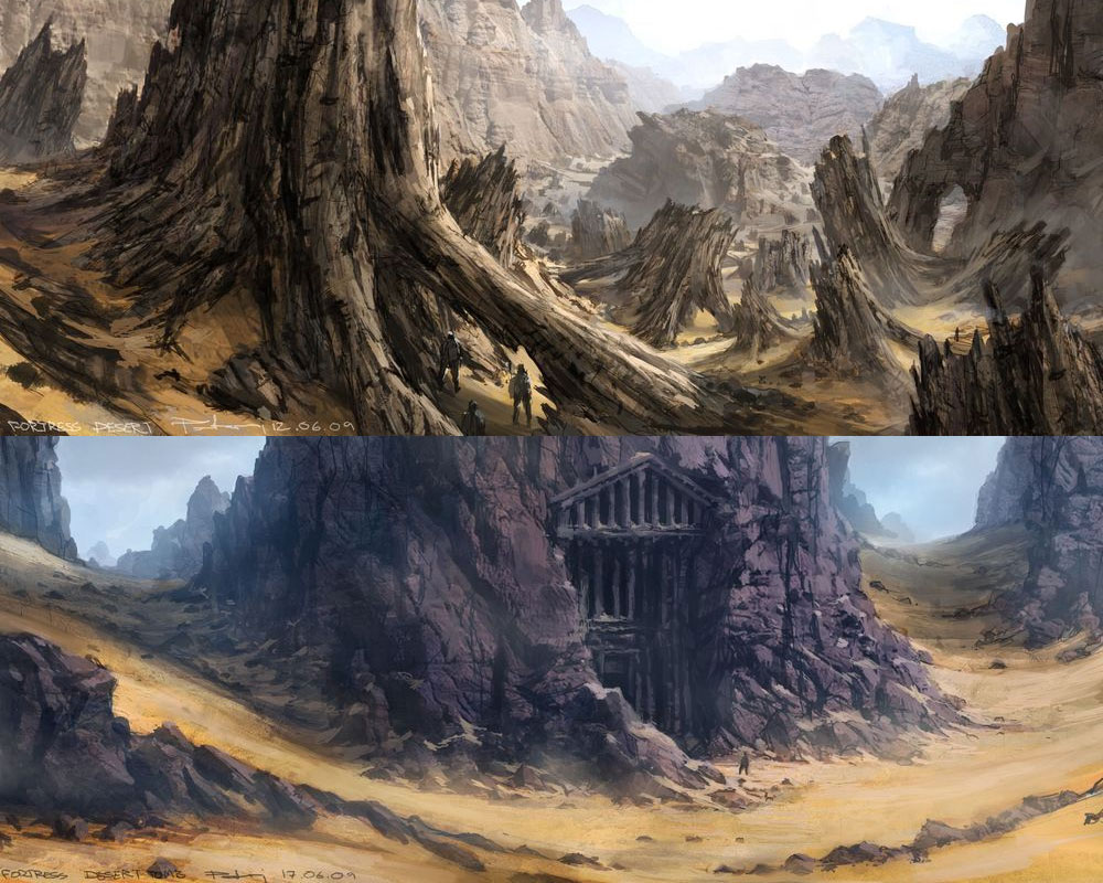 00s 2009 4boys arch blue_sky canyon cliff concept_art dated day desert final_fantasy final_fantasy_xii fog from_behind full_body male_focus mountain multiple_boys official_art outdoors pillar rock ruins sand scenery sky split_screen standing temple uniform wide_shot
