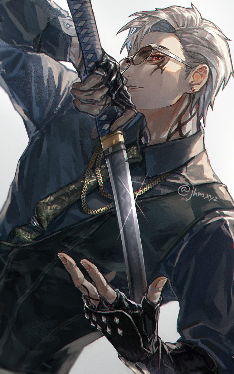 1boy arm_up armor black_gloves black_necktie black_shirt black_vest collared_shirt cowboy_shot ear_piercing facial_tattoo fingerless_gloves glasses gloves highres holding holding_sword holding_weapon japanese_armor jhm_xyz katana kote long_sleeves male_focus neck_tattoo necktie parted_lips piercing red_eyes sanchoumou shirt short_hair smile solo standing sword tattoo touken_ranbu tsurime vest weapon white_hair