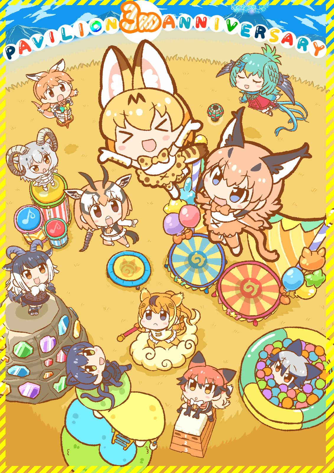 >_< 6+girls :c :d :o animal_ears animal_print anniversary apron arms_up ball_pit balloon bird_tail bird_wings black_eyes black_hair black_leopard_(kemono_friends) blonde_hair blue_eyes bow bowtie brown_eyes brown_hair caracal_(kemono_friends) chibi circlet closed_mouth cloud dall_sheep_(kemono_friends) day dress drum dual_wielding elbow_gloves extra_ears fisheye floating fox_ears fox_girl fox_tail from_above full_body gazelle_ears gazelle_horns gazelle_tail gloves golden_snub-nosed_monkey_(kemono_friends) grey_hair head_wings highres himalayan_tahr_(kemono_friends) holding holding_weapon horns instrument jumping kangaroo_ears kangaroo_tail kemono_friends kemono_friends_pavilion kotobuki_(tiny_life) leopard_ears leopard_tail light_brown_hair long_hair looking_at_another medium_hair monkey_ears monkey_tail multicolored_hair multiple_girls open_mouth orange_eyes orange_hair outdoors playground_equipment_(kemono_friends_pavilion) pogo_stick red_fox_(kemono_friends) red_hair red_kangaroo_(kemono_friends) resplendent_quetzal_(kemono_friends) serval_(kemono_friends) serval_tail sheep_ears sheep_girl sheep_horns shirt short_dress silver_fox_(kemono_friends) sitting skirt sleeveless sleeveless_shirt smile standing tail thomson's_gazelle_(kemono_friends) traditional_bowtie trampoline twintails two-tone_hair v-shaped_eyebrows wading_pool weapon white_hair wings xd yellow_eyes