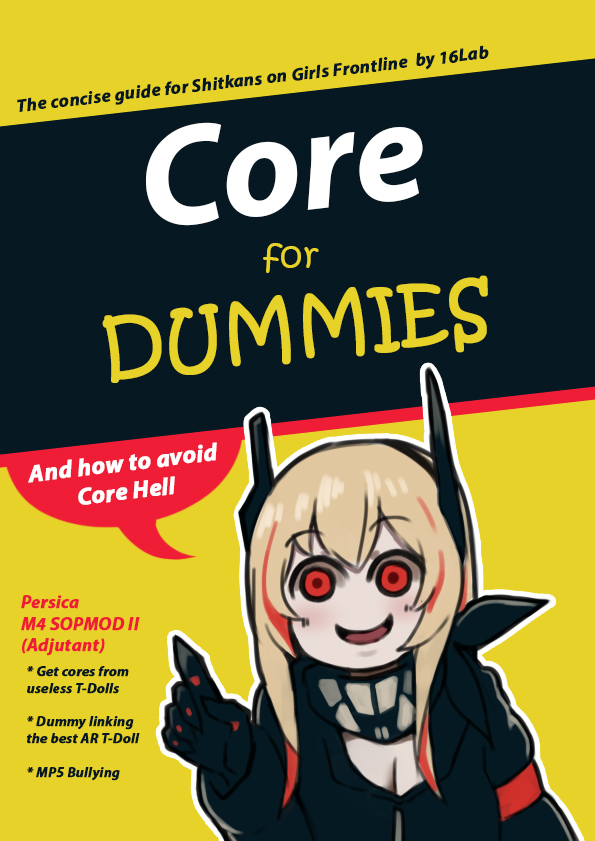 1girl :d black_gloves blonde_hair blush breasts cleavage commentary copyright_name cover cover_page crazy_eyes crazy_smile english_commentary english_text female_focus for_dummies girls&#039;_frontline gloves hairband headgear kion-kun long_hair long_sleeves looking_at_viewer m4_sopmod_ii_(girls&#039;_frontline) meme open_mouth pale_skin parody red_eyes smile solo wide-eyed