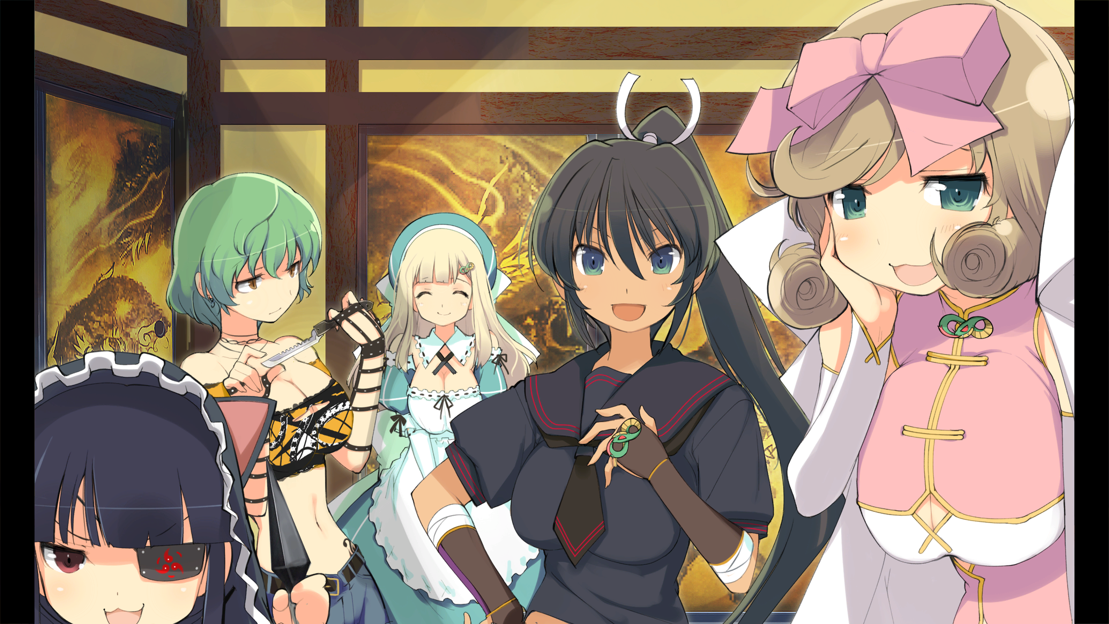 5girls absurdres animal_ears animal_hood apron bare_shoulders black_neckerchief black_serafuku black_shirt blonde_hair blue_pants blunt_bangs breasts brown_gloves brown_hair cat_ears cat_hood cleavage cleavage_cutout closed_eyes clothing_cutout curly_hair dark-skinned_female dark_skin denim dress eyepatch fingerless_gloves game_cg gloves green_dress green_eyes green_hair green_hat hair_ornament hair_ribbon hair_tie hairclip hand_on_own_face haruka_(senran_kagura) hat highres hikage_(senran_kagura) homura_(senran_kagura) hood indoors lab_coat large_breasts light_blush long_hair looking_at_viewer medium_hair mirai_(senran_kagura) multiple_girls neckerchief non-web_source official_art open_mouth orange_shirt ouroboros pants pillarboxed pink_ribbon pink_shirt ponytail puffy_sleeves red_eyes ribbon school_uniform senran_kagura senran_kagura_shoujo-tachi_no_shin'ei serafuku shirt short_hair slit_pupils smile snake_hair_ornament strapless swept_bangs tan tube_top white_apron white_gloves yaegashi_nan yellow_eyes yomi_(senran_kagura)