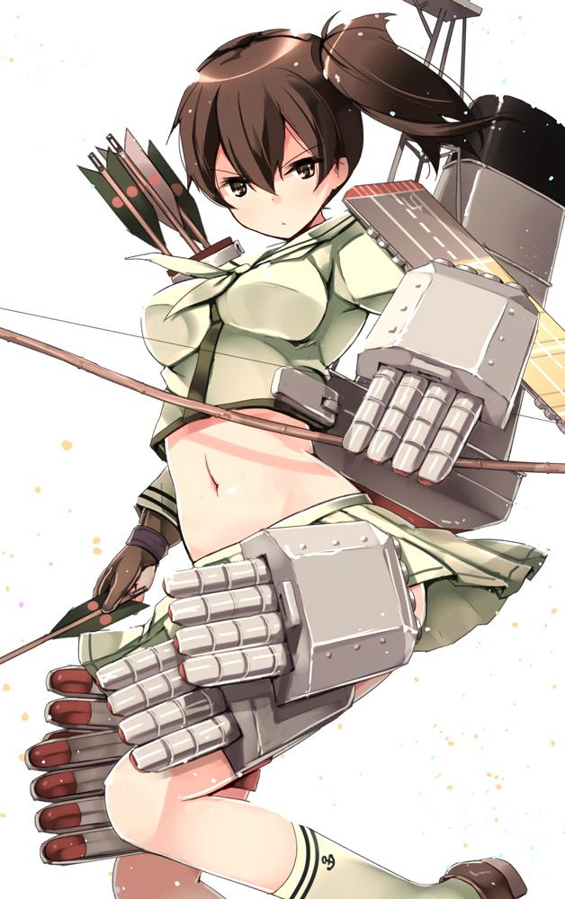 1girl anchor_symbol arrow_(projectile) bow_(weapon) brown_eyes brown_hair cosplay female_focus gun kaga_(kancolle) kantai_collection kitakami_(kancolle) kitakami_(kancolle)_(cosplay) long_hair looking_at_viewer machinery midriff military military_uniform military_vehicle navel personification refeia school_uniform serafuku ship side_ponytail simple_background skirt socks solo torpedo vehicle warship watercraft weapon white_background world_war_ii