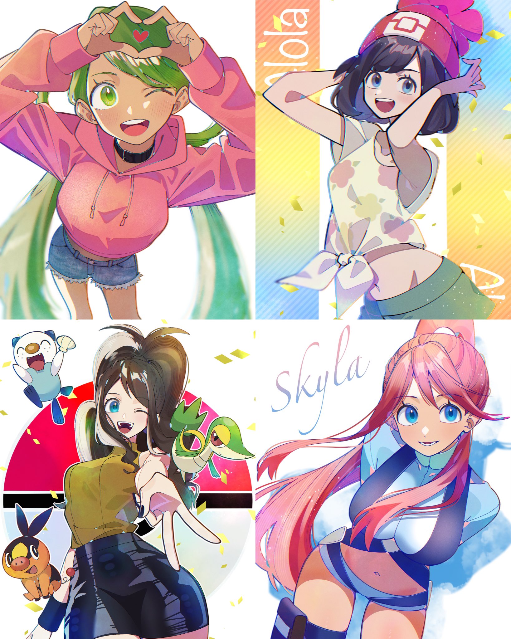 alternate_costume breasts collage game_freak gen_5_pokemon hilda_(pokemon) kana_(kanna_runa0620) large_breasts mallow_(pokemon) nintendo oshawott pokemon pokemon_bw pokemon_sm red_hair selene_(pokemon) skyla_(pokemon) snivy tepig