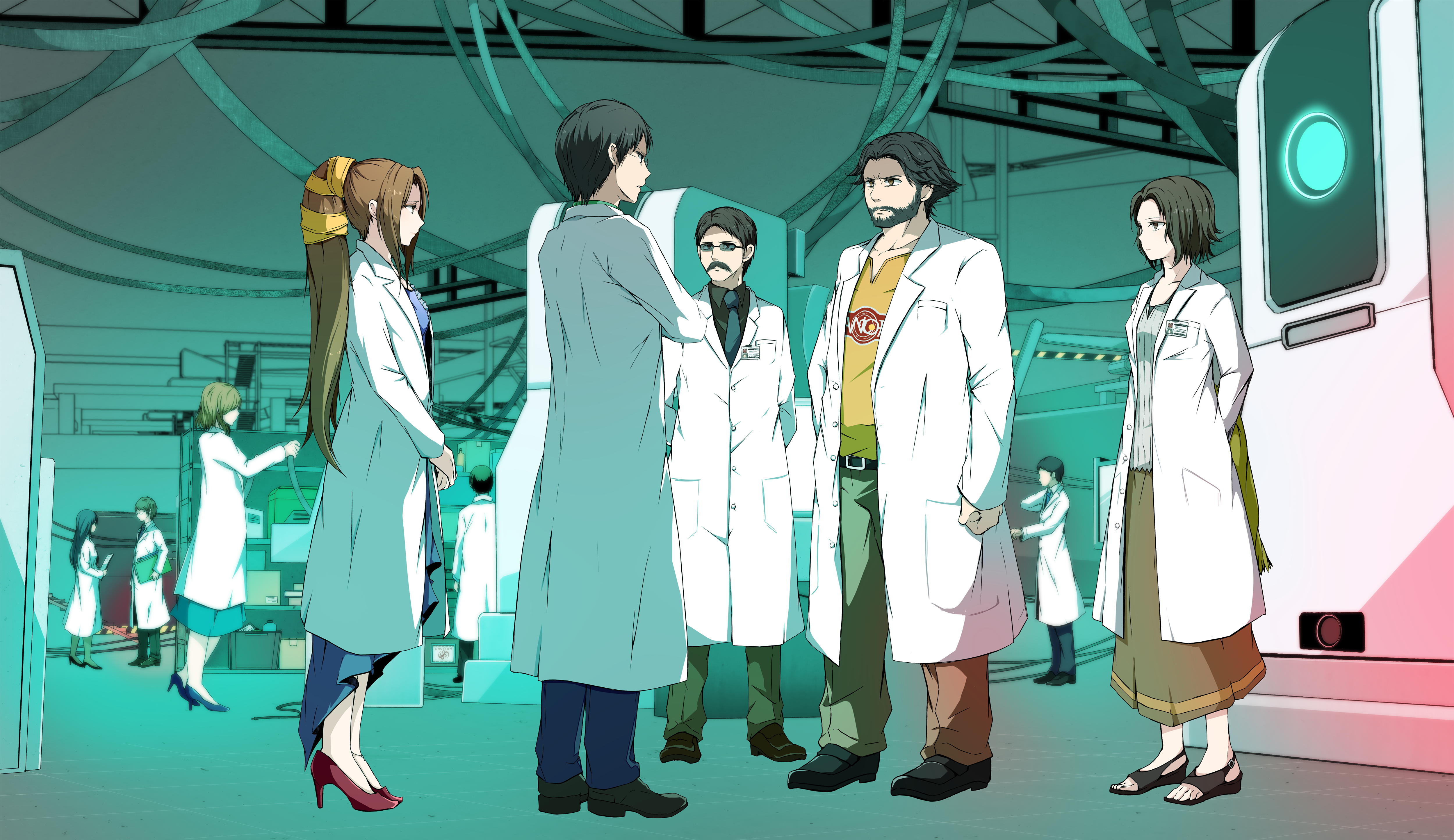 4girls 6+boys absurdres anklet beard black_footwear black_hair blue_skirt brown_hair brown_skirt crossed_arms facial_hair final_fantasy final_fantasy_vii full_body gast_faremis gillian_hewley grey_skirt hair_ribbon high_heels highres hollander jacket jewelry lab_coat laboratory loafers long_hair long_skirt lucrecia_crescent multiple_boys multiple_girls mustache nanao_(zonzonsh) parted_bangs ponytail professor_houjou pumps red_footwear ribbon sandals shirt shoes short_hair skirt sunglasses toeless_legwear v_arms white_jacket yellow_ribbon yellow_shirt
