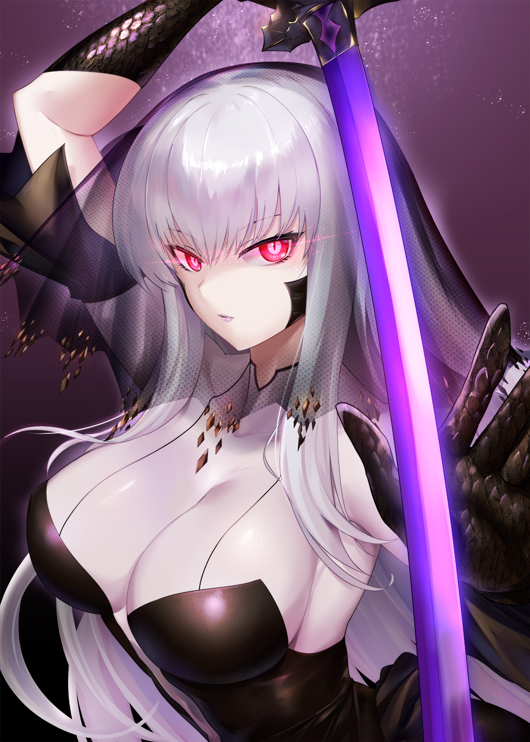 1girl arm_up armpits black_dress black_gloves black_veil blade_(brown_dust) breasts brown_dust_(series) brown_dust_2 cleavage closed_mouth dress dtcy elbow_gloves eyebrows_hidden_by_hair full_body gloves glowing glowing_eyes glowing_sword glowing_weapon hair_between_eyes highres holding holding_sword holding_weapon large_breasts lipstick long_hair looking_at_viewer makeup purple_background red_eyes scale_print simple_background slit_pupils sword upper_body veil very_long_hair weapon white_hair