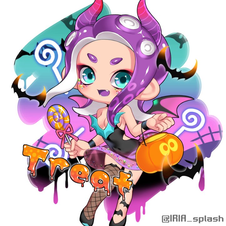 1girl bare_shoulders bat_(animal) black_choker black_dress black_footwear black_thighhighs black_wings blue_eyes bracelet breasts candy choker cleavage clothing_cutout colored_tongue commentary_request demon_wings dress fake_horns fangs fishnet_thighhighs fishnets food full_body halloween_bucket holding holding_food horns iria_(yumeirokingyo) jewel_under_eye jewelry lollipop long_hair looking_at_viewer nintendo octoling octoling_girl octoling_player_character open_mouth parted_bangs purple_hair purple_horns purple_tongue side_cutout simple_background single_thighhigh smile solo splatoon_(series) splatoon_2 standing strapless strapless_dress swirl_lollipop tentacle_hair thighhighs white_background wings