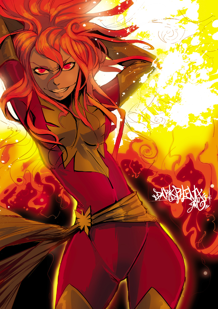 10s 1girl bodysuit boots corruption costume dark_persona dark_phoenix explosion female_focus fire gloves jean_grey jinbei long_hair marvel orange_hair phoenix_(x-men) pink_eyes possessed possession solo x-men