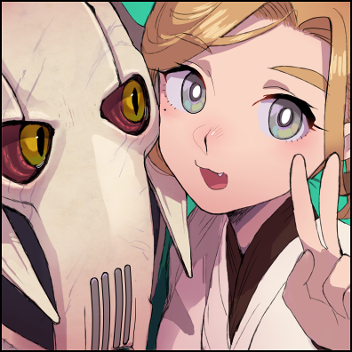 1boy 1girl :3 animification arm_up bad_id bad_pixiv_id blonde_hair blush close-up colored_sclera commentary_request fang genderswap genderswap_(mtf) general_grievous green_background grey_eyes katsuoboshi looking_at_another looking_at_viewer lowres mole mole_under_eye obi-wan_kenobi open_mouth robe short_hair simple_background smile star_wars v yellow_eyes yellow_sclera