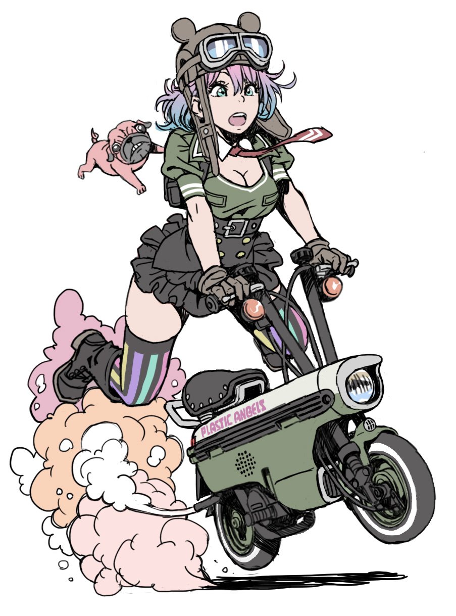 1girl animal aqua_eyes black_footwear black_skirt boots breasts cleavage detached_collar dog fishnets flat_color full_body goggles goggles_on_headwear gradient_hair green_shirt helmet highres layered_skirt medium_breasts miniskirt monkey_bike motor_vehicle motorcycle multicolored_hair necktie noped on_head pink_hair plastic_angels puffy_short_sleeves puffy_sleeves pug red_neckwear shirt short_sleeves simple_background skirt smoke striped_clothes striped_thighhighs thighhighs vertical-striped_clothes vertical-striped_thighhighs white_background yamashita_shun&#039;ya