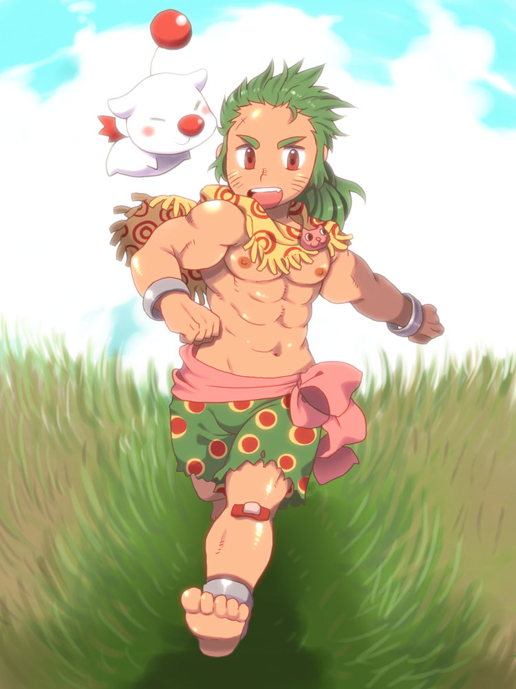 1boy abs ankle_brace ankle_cuffs bandages barefoot blush blush_stickers breeches brooch closed_eyes cloud cloudy_sky cuffs fang feet feral_child final_fantasy final_fantasy_vi gau grass grasslands green_hair green_pants jewelry male_focus moogle muscular muscular_male navel nipples open_mouth pants pectorals ponytail puffy_chest red_eyes red_nose running sash_bow savannah scar scar_on_face shawl sky solo takezamurai wings