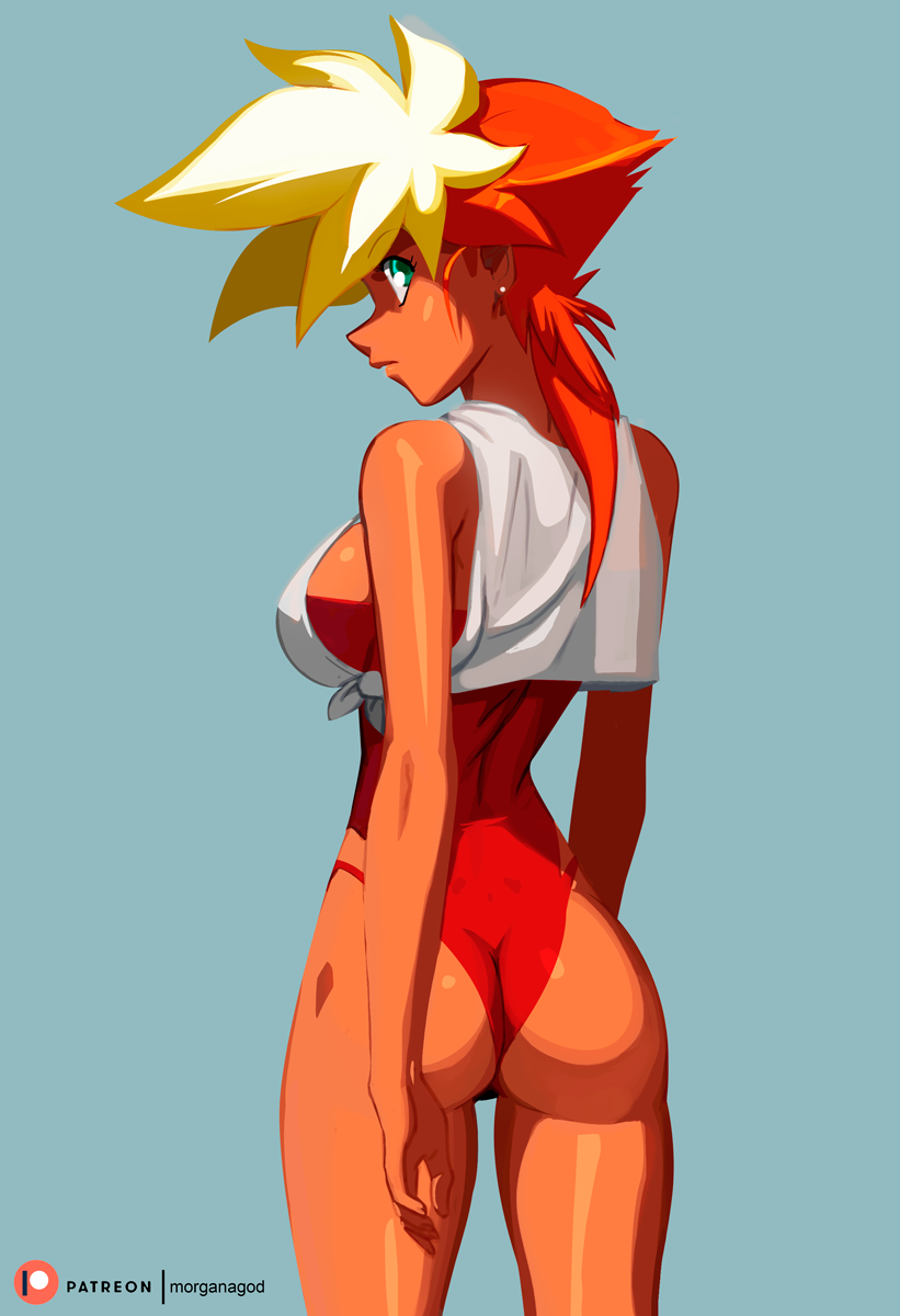 1girl alternate_costume aqua_eyes artist_name ass blonde_hair blue_background breasts dark-skinned_female dark_skin dirty_pair dirty_pair_flash colored_bangs earrings from_behind hair_behind_ear highres jewelry kei_(dirty_pair_flash) looking_back medium_breasts medium_hair morganagod one-piece_swimsuit open_hand orange_hair patreon_logo red_one-piece_swimsuit shirt sideboob sleeveless sleeveless_shirt solo spiked_hair swimsuit tied_shirt two-tone_background white_shirt