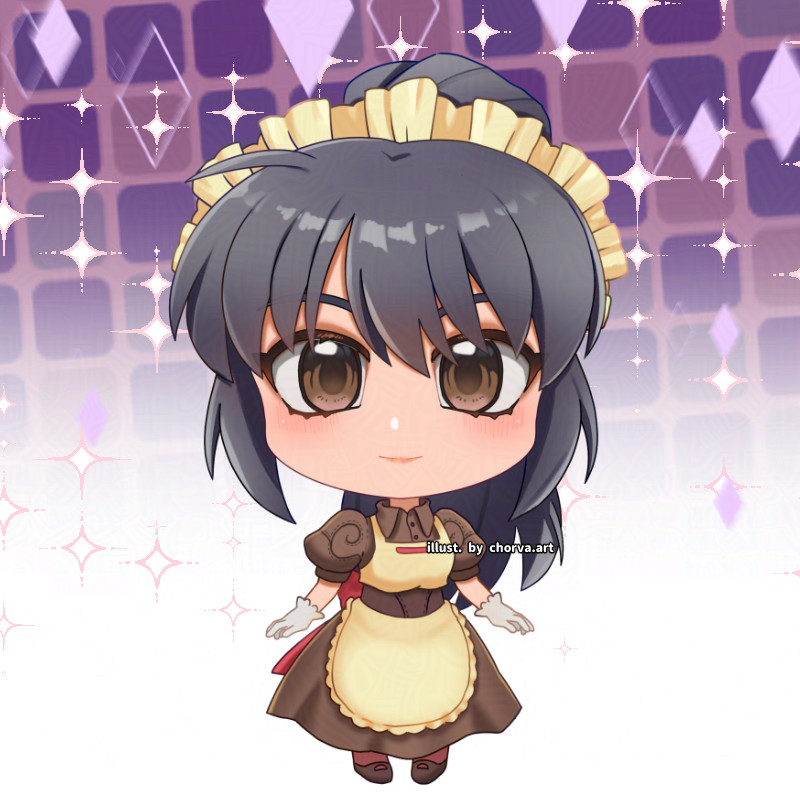 1girl apron black_hair blossom_(ragnarok_online) blush brown_dress brown_eyes chibi chibi_only chorvaqueen closed_mouth commentary dress english_commentary frilled_apron frills full_body gloves grey_gloves high_ponytail kafra_uniform long_hair looking_at_viewer maid maid_headdress ponytail puffy_short_sleeves puffy_sleeves purple_background ragnarok_online red_sash sash short_sleeves smile solo sparkle standing yellow_apron