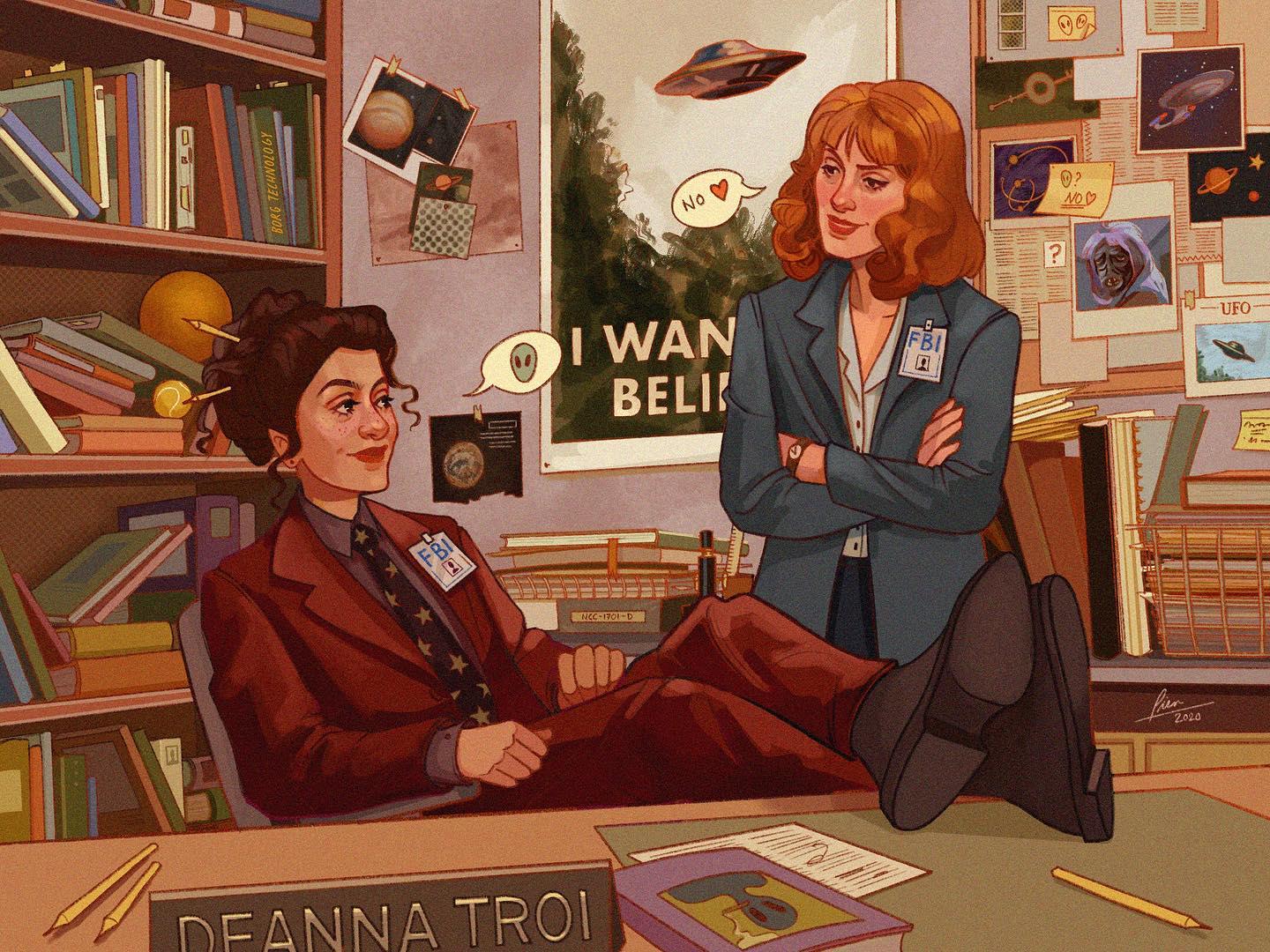 2girls alien book book_stack chair character_request cosplay dana_scully dana_scully_(cosplay) desk flying_saucer fox_mulder fox_mulder_(cosplay) multiple_girls necktie office pen pien-art planet sitting spacecraft star_trek star_trek:_generations star_trek:_the_next_generation ufo uss_enterprise_(star_trek) uss_enterprise_ncc-1701-d