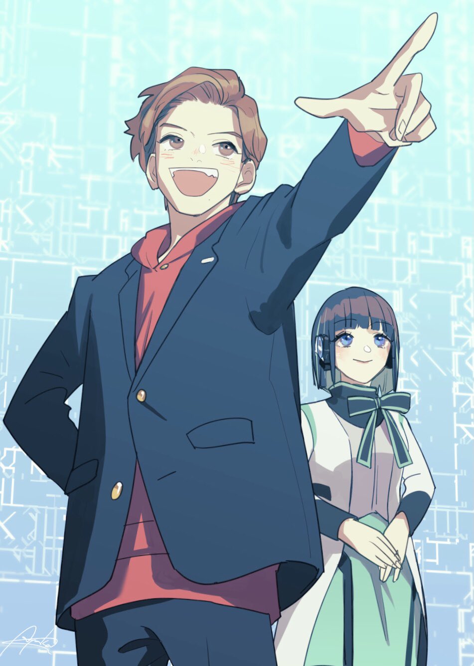 1boy 1girl android black_hair blue_eyes bob_cut bow bowtie brown_hair commentary_request green_eyes hiden_aruto highres hood hooded_jacket humagear_headphones is_(kamen_rider_01) jacket kamen_rider kamen_rider_01_(series) long_sleeves pointing pointing_up pointy_nose short_hair smile tkst_ayaka