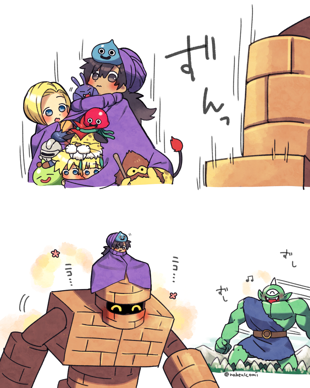 2boys 2girls bianca_(dq5) black_hair blonde_hair blue_eyes blush blush_stickers borongo bow cape child cloak commentary_request cureslime cyclops_(dragon_quest) dracky dragon_quest dragon_quest_v family father_and_daughter father_and_son flower golem_(dragon_quest) green_bow hair_bow hammerhood_(dragon_quest) height_difference hero&#039;s_daughter_(dq5) hero&#039;s_son_(dq5) hero_(dq5) highres husband_and_wife jumping long_hair low_ponytail monster mother_and_daughter mother_and_son motion_lines mountain multiple_boys multiple_girls musical_note nabenko on_head ponytail purple_cape purple_cloak purple_headwear short_hair siblings size_difference slime_knight smile spiked_hair standing turban twins warming white_background