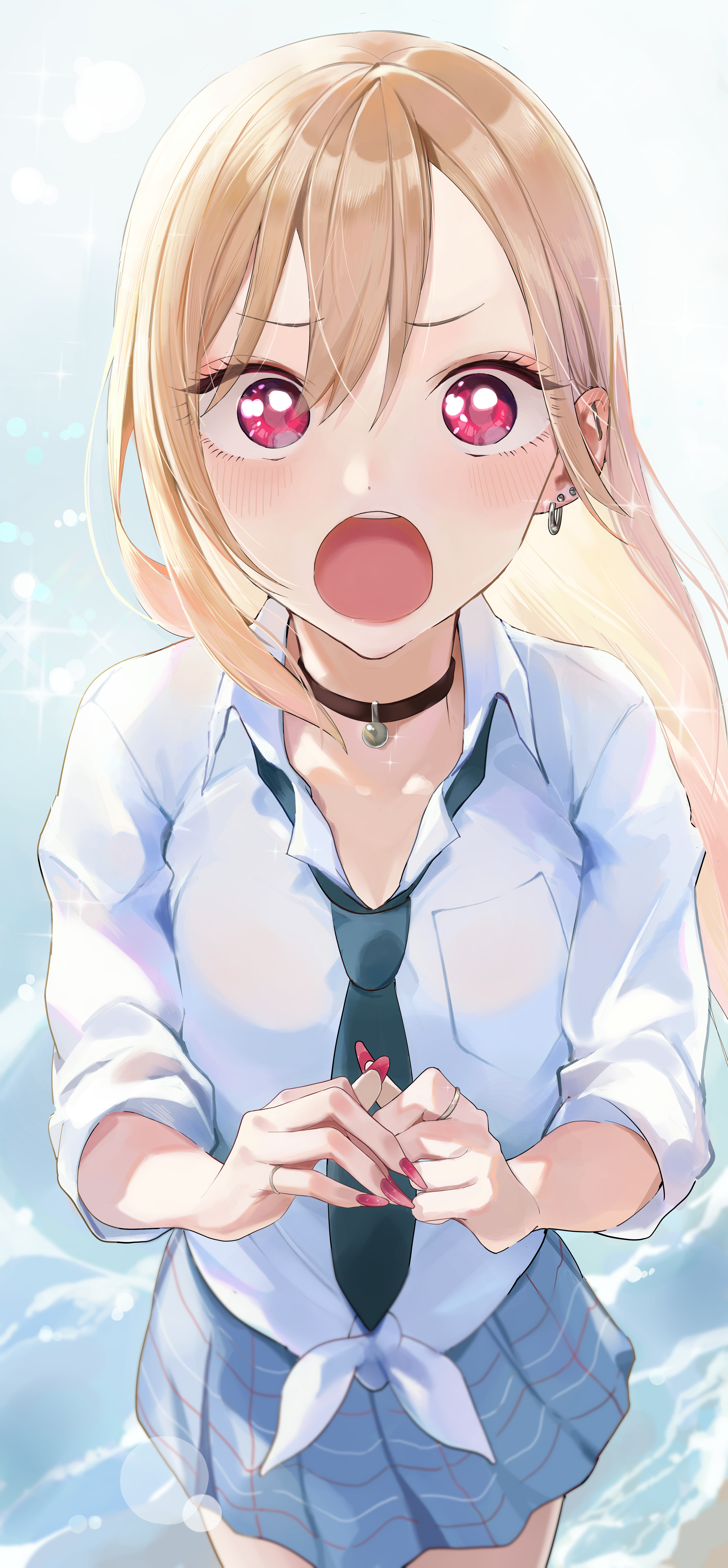 1boy 1girl absurdres akutonoeru black_choker blonde_hair blue_necktie blue_skirt blush choker commentary_request ear_piercing earrings eye_reflection fingernails gojou_wakana gyaru highres jewelry kitagawa_marin long_fingernails long_hair looking_at_another necktie ocean open_mouth outdoors piercing pink_eyes pink_nails reflection ring school_uniform shirt single_earring skirt sono_bisque_doll_wa_koi_wo_suru sparkle sunlight teeth upper_teeth_only white_shirt