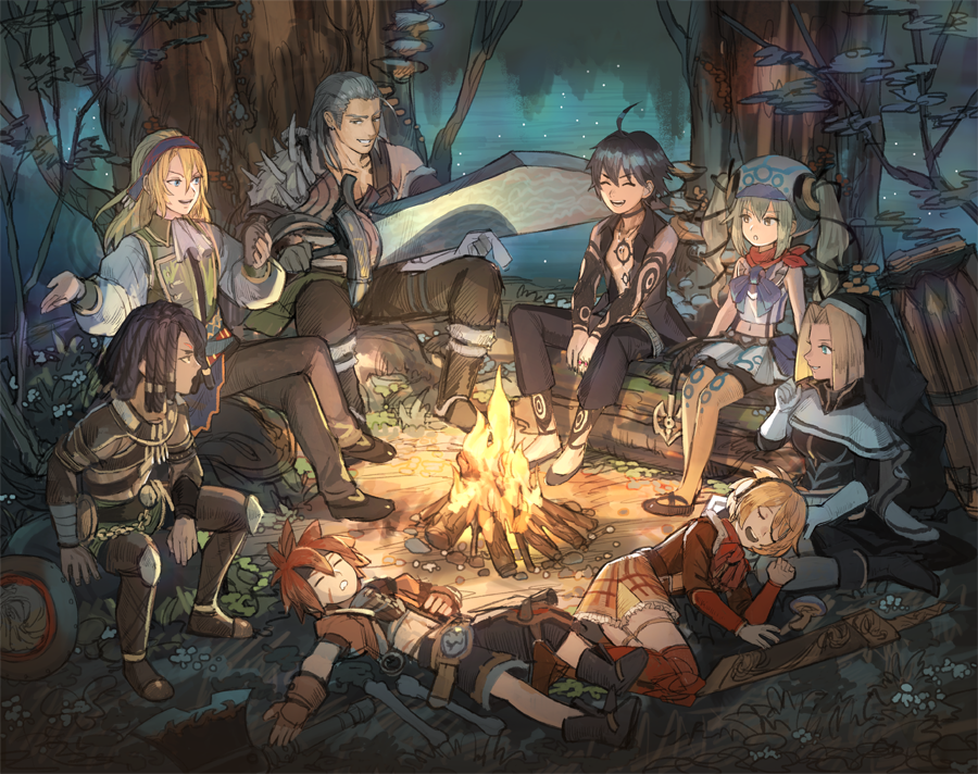 3girls 5boys ahoge aqua_hair black_footwear black_hair black_pants black_shorts blonde_hair blue_eyes boots campfire character_request closed_eyes dreadlocks gloves green_vest habit hairband hand_up holding holding_sword holding_weapon long_hair long_sleeves lying megido72 midriff multiple_boys multiple_girls navel on_back open_mouth oversized_object pants plaid_clothes plaid_skirt profile red_hair sasumata_jirou scar scar_on_face shirt shoes short_hair shorts sitting skirt sleeveless smile sword twintails vest weapon white_gloves white_shirt yellow_skirt