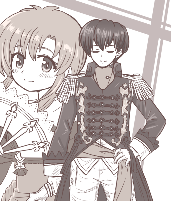 1boy 1girl blush closed_eyes epaulettes ethlyn_(fire_emblem) fire_emblem fire_emblem:_genealogy_of_the_holy_war gloves hand_on_own_hip holding looking_at_viewer military_uniform monochrome nintendo pants reverse_(bluefencer) short_hair sigurd_(fire_emblem) smile weapon
