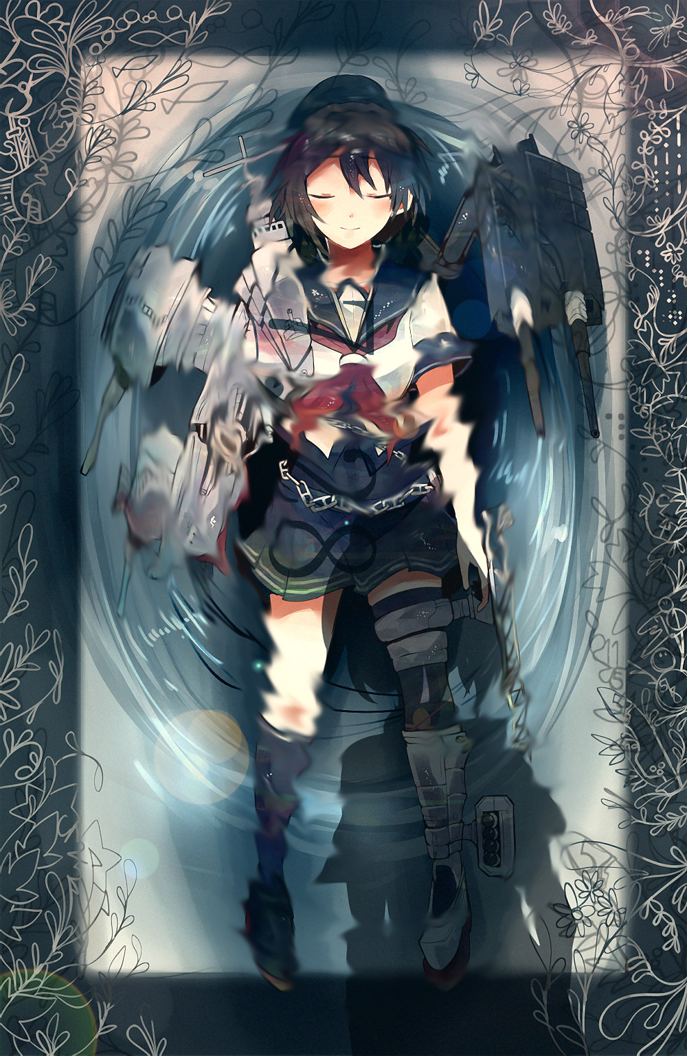 1girl afloat black_thighhighs blouse bodysuit brown_hair cannon closed_eyes elbow_gloves furutaka_(kancolle) furutaka_kai_ni_(kancolle) gloves hair_ornament hairclip highres itomugi-kun kantai_collection neckerchief open_mouth ripples school_uniform serafuku shadow ship_turret shirt short_hair single_elbow_glove single_glove single_thighhigh skirt solo thighhighs torpedo water