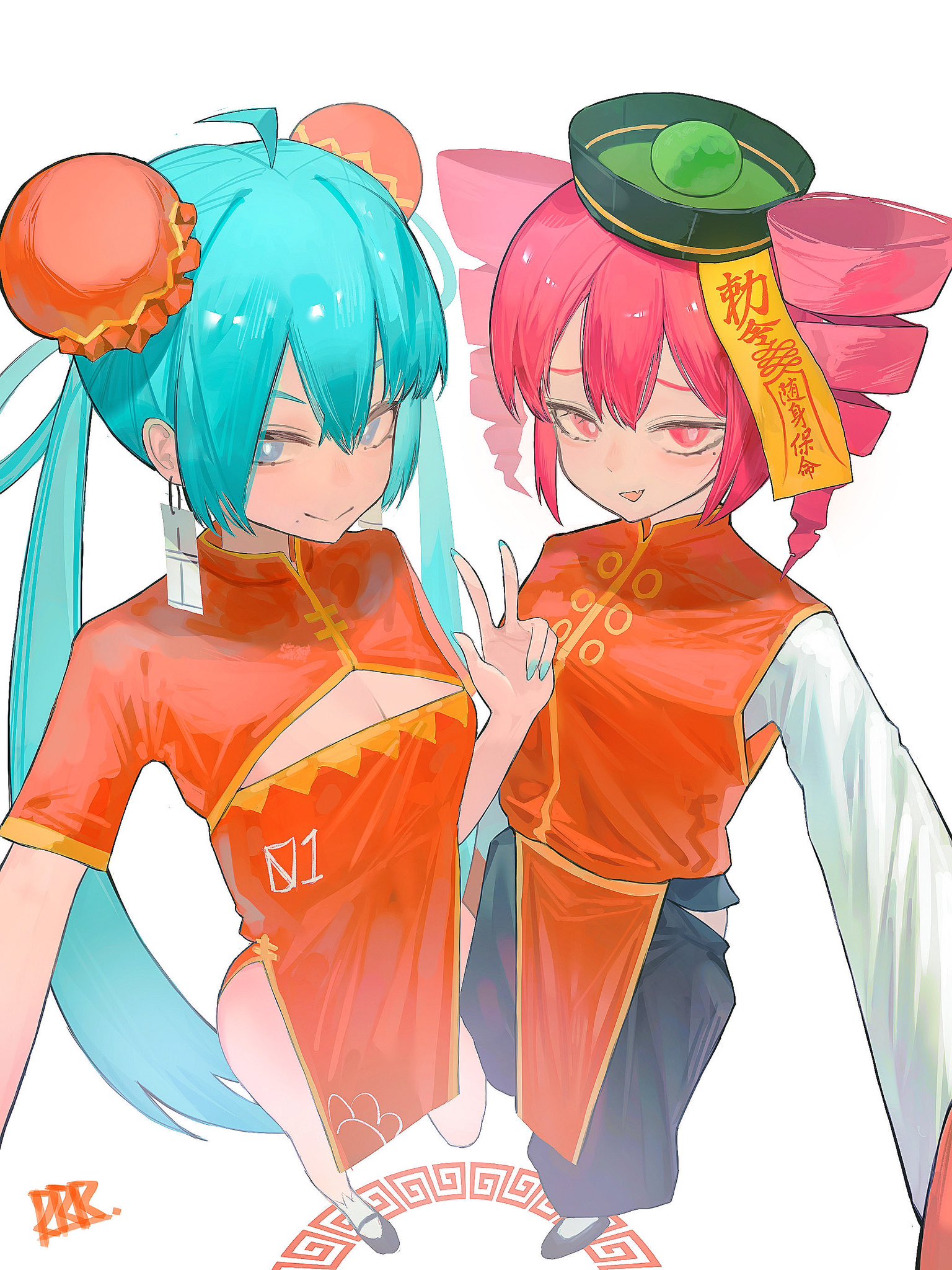 2girls alternate_costume black_pants black_shoes blue_hair blue_nails breasts bright_pupils china_dress chinese_clothes cleavage cleavage_cutout clothing_cutout dress drill_hair earrings fang fingernails full_body hat hatsune_miku highres jewelry kasane_teto lewenxijian long_hair long_sleeves mary_janes mole multiple_girls odochina_(vocaloid) ofuda ofuda_on_head open_mouth pants red_eyes shirt shoes short_sleeves skin_fang small_breasts smile standing thighs twin_drills twintails utau very_long_hair vocaloid w white_pupils white_shirt