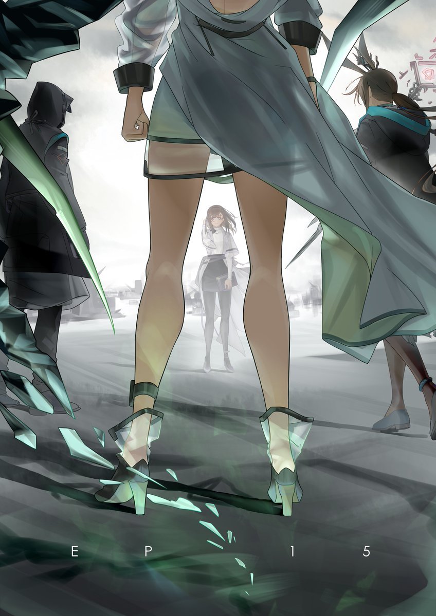 1other 3girls amiya_(arknights) animal_ears anklet arknights arm_at_side black_coat black_pantyhose black_shoes brown_hair brown_pantyhose coat commentary doctor_(arknights) english_commentary faceoff furiwo high_heels holding hood hood_up hooded_coat jewelry kal&#039;tsit_(arknights) long_hair long_sleeves looking_at_another medium_hair mon3tr_(arknights) mon3tr_(summon)_(arknights) multiple_girls pantyhose ponytail priestess_(arknights) shoe_soles shoes spoilers standing