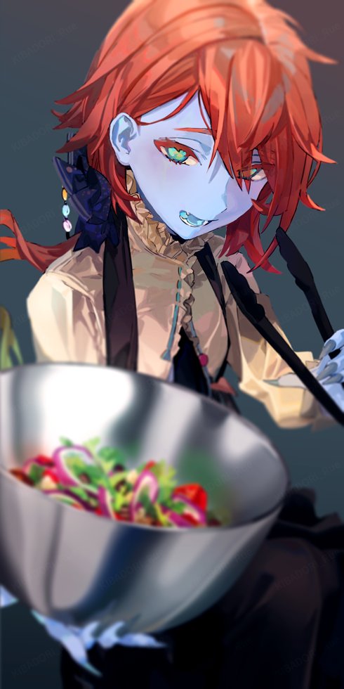 1girl aqua_eyes blue_background blue_skin blue_tongue bowl colored_skin colored_tongue fangs fate/grand_order fate_(series) fingernails food gradient_hair hair_between_eyes holding holding_bowl kibadori_rue long_hair long_sleeves looking_at_viewer multicolored_hair open_mouth orange_hair red_hair salad salad_bowl salad_tongs sharp_fingernails simple_background solo van_gogh_(fate) van_gogh_(second_ascension)_(fate)