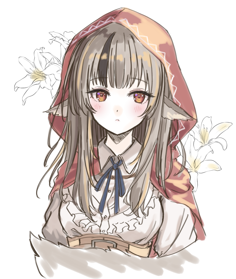 1girl animal_ears black_hair blue_ribbon blush brown_corset brown_gloves cape commentary_request corset fire_emblem fire_emblem_fates flower fuussu_(21-kazin) gloves long_hair long_sleeves looking_at_viewer multicolored_hair neck_ribbon nintendo orange_eyes ribbon solo streaked_hair two-tone_hair upper_body velouria_(fire_emblem) white_background white_flower wolf_ears wolf_girl