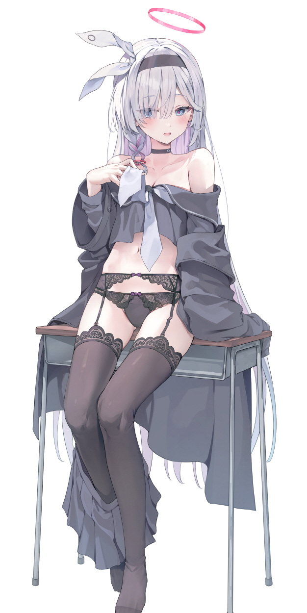 1girl black_choker black_coat black_eyes black_garter_belt black_hairband black_panties black_serafuku black_thighhighs blue_archive braid choker clothes_pull coat colored_inner_hair desk full_body garter_belt hair_over_one_eye hairband halo highres huwari_(dnwls3010) lace lace-trimmed_garter_belt lace-trimmed_panties lace_trim looking_at_viewer multicolored_hair neckerchief off_shoulder on_desk panties pink_halo plana_(blue_archive) red_halo red_pupils ribbon school_uniform serafuku single_braid sitting skirt skirt_around_one_leg skirt_pull solo thighhighs underwear unfinished white_background white_choker white_neckerchief white_ribbon