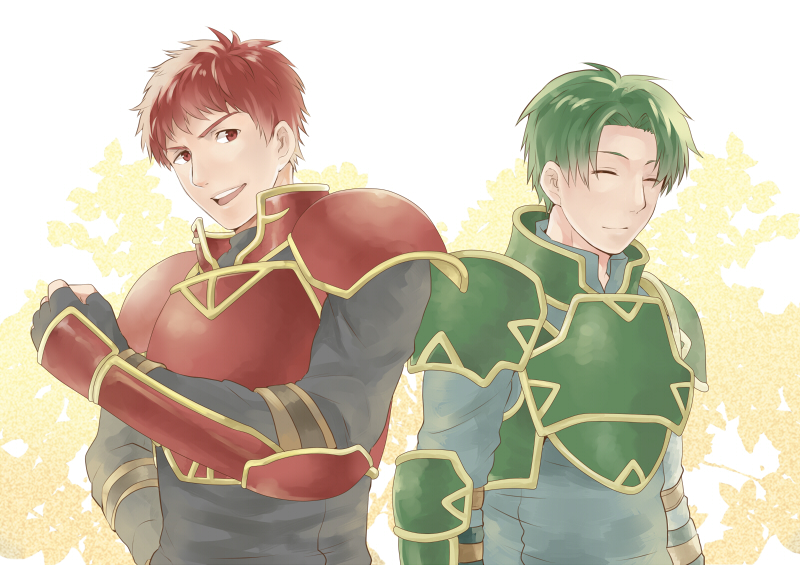 2boys armor bad_id bad_pixiv_id closed_eyes fingerless_gloves fire_emblem fire_emblem:_path_of_radiance fire_emblem:_radiant_dawn gloves green_armor green_hair ichikeita kieran_(fire_emblem) multiple_boys nintendo open_mouth oscar_(fire_emblem) red_armor red_eyes red_hair