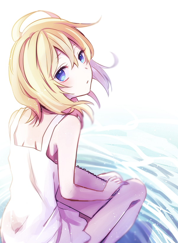 1girl :o anoko_(darenokoanoko) bare_shoulders blonde_hair blue_eyes commentary_request dress floating_hair from_behind holding holding_notebook kingdom_hearts kingdom_hearts:_chain_of_memories long_hair looking_at_viewer looking_back namine notebook shadow sitting sleeveless sleeveless_dress solo water white_dress