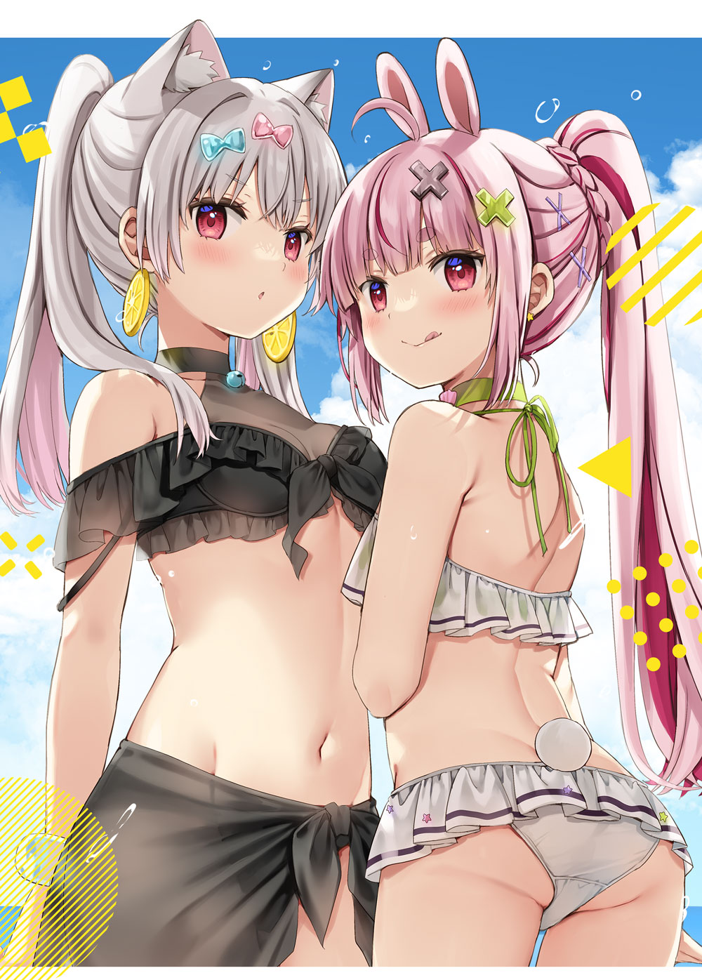 2girls :q ahoge animal_ear_fluff animal_ears ass bare_shoulders bikini black_bikini blue_bow blue_sky bow braid breasts closed_mouth cloud commentary_request day grey_hair groin hair_bow hair_ornament highres indie_virtual_youtuber long_hair medium_breasts multicolored_hair multiple_girls natsume_eri natsume_eri_(vtuber) navel parted_lips pink_bow pink_hair ponytail purple_hair rabbit_ears rabbit_girl rabbit_tail red_eyes sarong sky smile streaked_hair swimsuit tail tomari_mari tongue tongue_out two-tone_hair very_long_hair virtual_youtuber water_drop white_bikini x_hair_ornament