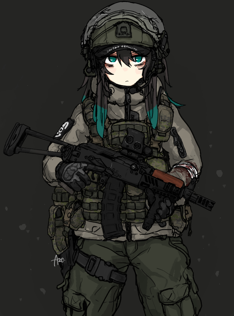 1girl aks-74u ammunition_pouch assault_rifle aze_(tyranno-link) bandaged_arm bandages black_hair blood blood_on_clothes bulletproof_vest cargo_pants escape_from_tarkov frown green_eyes green_hair gun handgun helmet holster jacket kalashnikov_rifle looking_at_viewer military_combat_uniform military_uniform optical_sight pants pouch rifle solo thigh_holster trigger_discipline walkie-talkie weapon