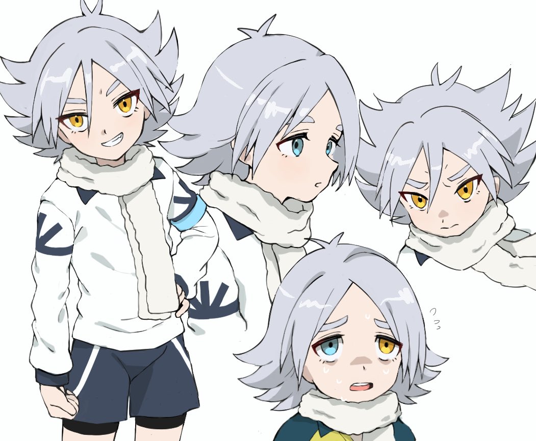 1boy antenna_hair blue_eyes closed_mouth fubuki_shirou grey_background grey_scarf hair_between_eyes hand_on_own_hip heterochromia inazuma_eleven_(series) male_focus open_mouth scarf simple_background smile spiked_hair sweat nervous_sweating teeth tomei_00 upper_teeth_only yellow_eyes