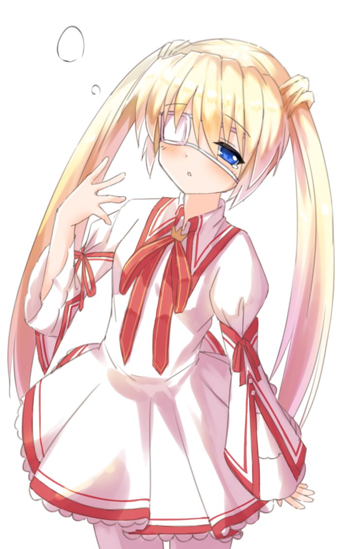 1girl arm_at_side blonde_hair blue_eyes blush commentary_request commission cowboy_shot dress eyepatch frilled_dress frills hair_between_eyes half-closed_eye hand_up juliet_sleeves kazamatsuri_institute_high_school_uniform long_hair long_sleeves looking_at_viewer medical_eyepatch nakatsu_shizuru neck_ribbon one_eye_covered outstretched_hand pleated_dress puffy_sleeves red_ribbon rewrite ribbon school_uniform simple_background sleepy solo straight_hair twintails very_long_hair white_background white_dress wide_sleeves yoanium