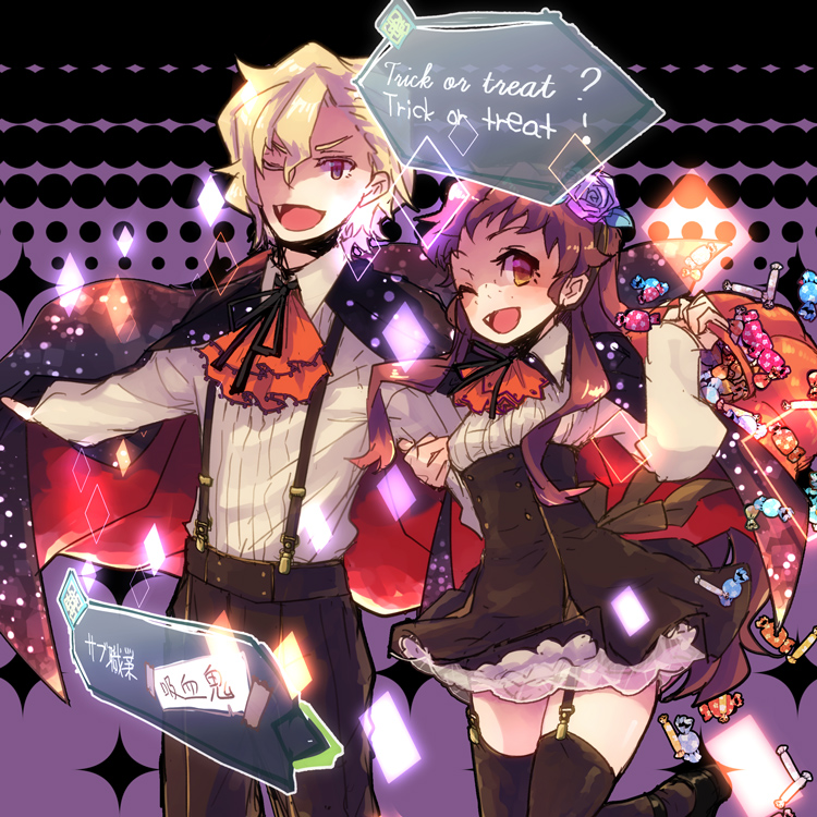 1boy 1girl ;d ascot black_cape black_footwear black_pants black_skirt black_thighhighs blonde_hair brown_eyes brown_hair cape collared_shirt fang floating_hair flower freckles hair_flower hair_ornament high-waist_skirt holding isuzu_(log_horizon) layered_skirt leg_up log_horizon long_hair long_sleeves looking_at_viewer lunderhaus_cord miniskirt mo_(deciliter) one_eye_closed open_mouth orange_ascot pants purple_flower purple_rose rose shirt skirt smile standing standing_on_one_leg suspenders thighhighs trick_or_treat vampire white_shirt wing_collar zettai_ryouiki