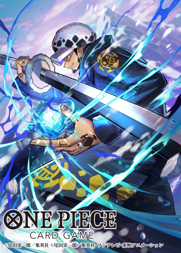 1boy bashikou black_hair commentary_request copyright_name earrings facial_hair goatee hand_tattoo hat high_collar holding holding_sword holding_weapon jewelry long_coat male_focus official_art one_piece one_piece_card_game profile short_hair sideburns smile smoke snowing solo sword tattoo trafalgar_law weapon