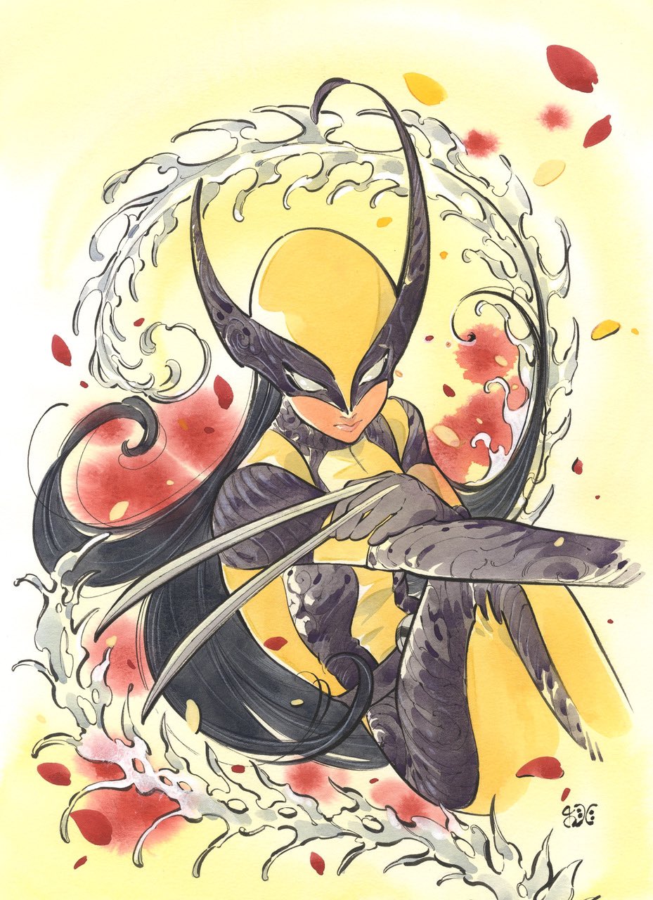 1girl black_hair bodysuit claws cosplay highres leather long_hair looking_at_viewer marvel peach_momoko solo superhero_costume two-tone_bodysuit water weapon wolverine_(x-men) wolverine_(x-men)_(cosplay) x-23 x-men