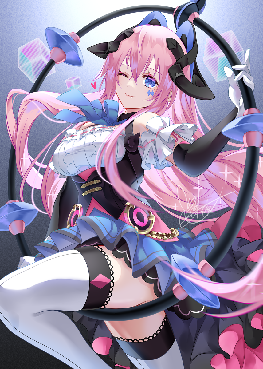 1girl ;) black_sleeves blue_eyes blue_skirt closed_mouth detached_sleeves facial_mark floating_hair gloves hair_between_eyes highres layered_skirt leg_up long_hair magical_mirai_(vocaloid) magical_mirai_luka magical_mirai_luka_(2019) megurine_luka miniskirt one_eye_closed pink_hair pleated_skirt shirt short_sleeves skirt smile solo thighhighs tyouya underbust very_long_hair vocaloid white_gloves white_shirt white_thighhighs zettai_ryouiki