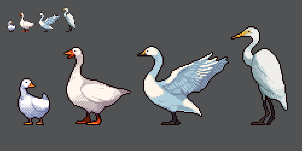 animal animal_focus beak bird duck feathered_wings feathers goose grey_background heron no_humans omunikin original pixel_art simple_background wings