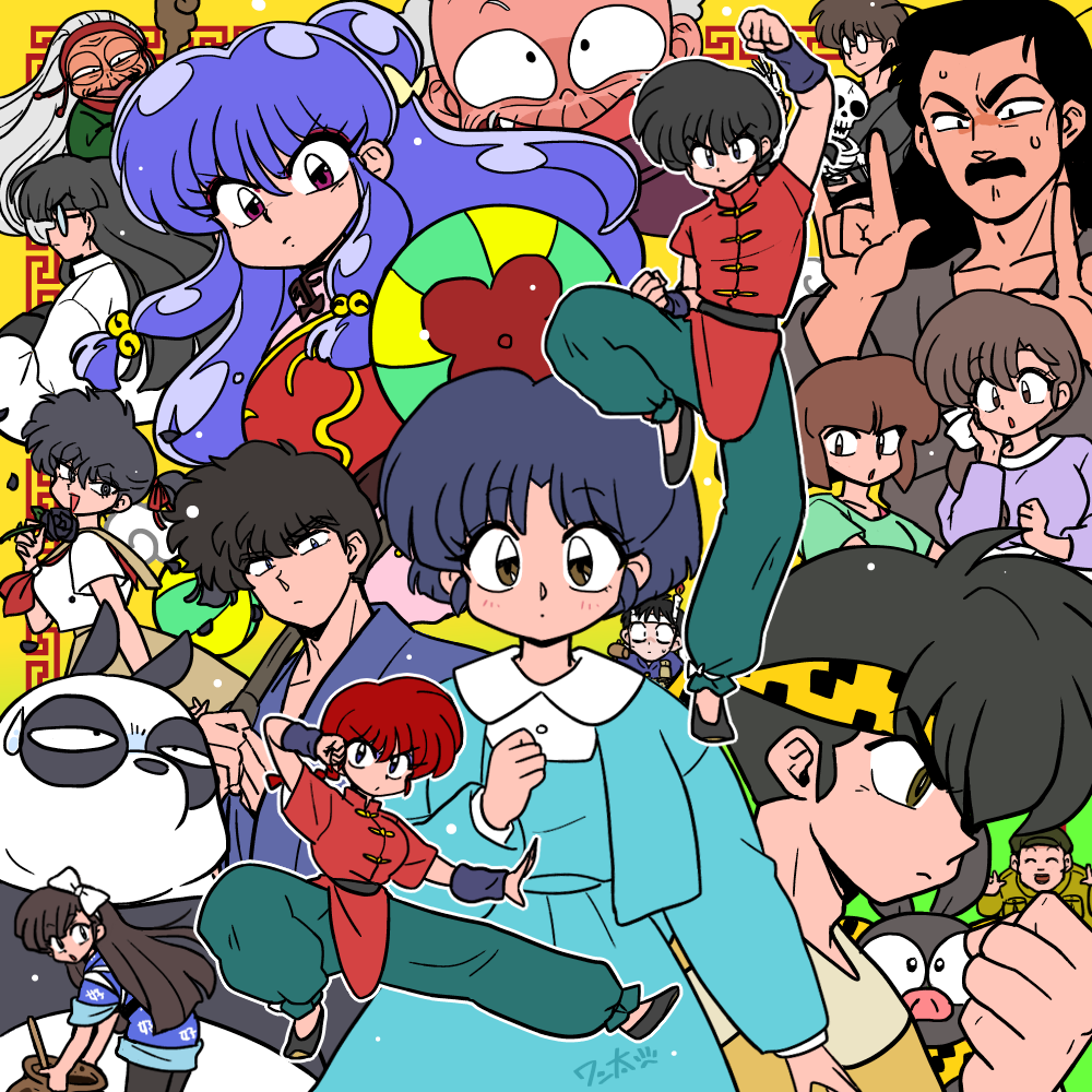 6+boys 6+girls animal bokken braid chinese_clothes chui cologne_(ranma_1/2) dual_persona father_and_daughter father_and_son flower genderswap genderswap_(mtf) gosunkugi_hikaru hakama happosai hibiki_ryouga holding holding_weapon japanese_clothes kunou_kodachi kunou_tatewaki kuonji_ukyou mousse_(ranma_1/2) multiple_boys multiple_girls ono_tofu panda pig ranma-chan ranma_1/2 rose saotome_genma saotome_ranma school_uniform shampoo_(ranma_1/2) siblings single_braid sisters sword tangzhuang tendou_akane tendou_kasumi tendou_nabiki wanta_(futoshi) weapon wooden_sword
