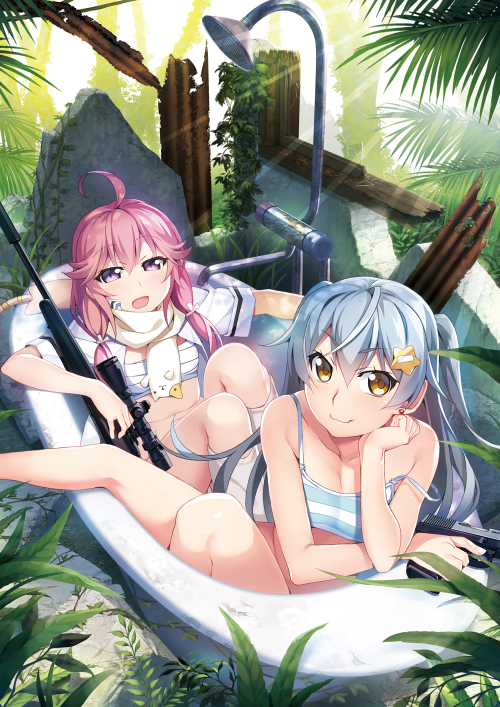 2girls :3 ahoge bathtub bra day earrings grisaia_(series) grisaia_phantom_trigger gun hair_ornament hair_over_shoulder handgun head_rest highres holding holding_gun holding_weapon ikoma_murasaki jewelry jungle light_rays long_hair looking_at_viewer multiple_girls nature non-web_source official_art open_mouth outdoors pink_eyes pink_hair pistol rifle scarf scope shishigaya_touka short_sleeves shower_head silver_hair sitting smile spaghetti_strap star_(symbol) star_hair_ornament strap_slip striped_bra striped_clothes stud_earrings twintails two_side_up underwear watanabe_akio weapon white_legwear yellow_eyes