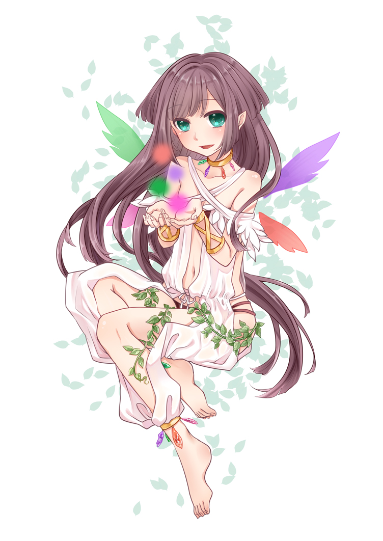 1girl :d anklet barefoot barefoot_sandals_(jewelry) brown_hair center_opening cupping_hands dress eyebrows female_focus full_body green_eyes ivy jewelry leaf long_hair looking_at_viewer navel open_mouth original own_hands_together plant pointy_ears simple_background smile solo tareme toes white_background white_dress wings yayoi_(egoistic_realism)