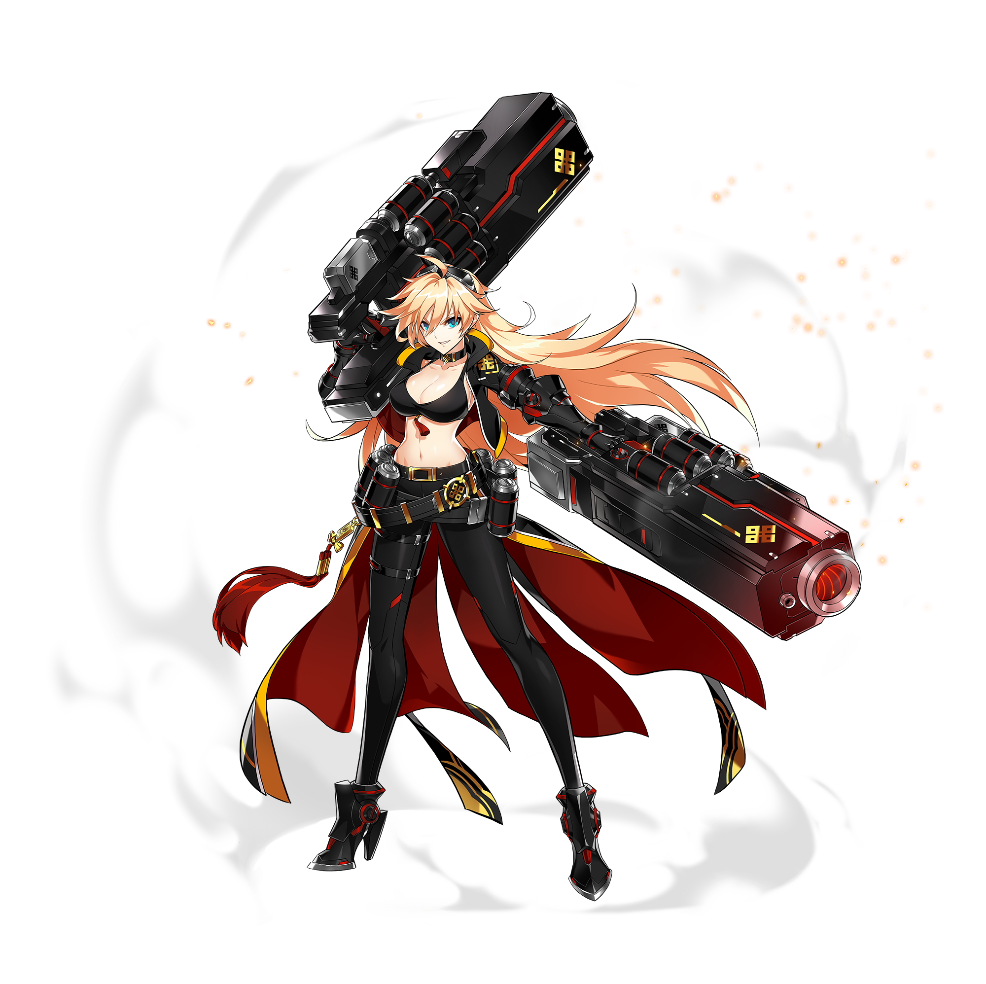 1girl ahoge armored_boots artist_request belt belt_buckle belt_collar black_belt black_boots black_bra black_gloves black_jacket black_pants black_skirt blonde_hair blue_eyes boots bra breasts buckle closed_mouth collar collared_jacket crossed_belts dual_wielding elsword embers fighting_stance floating_clothes floating_hair full_body gloves gun hair_between_eyes high_heel_boots high_heels highres holding holding_gun holding_weapon huge_weapon jacket large_breasts long_hair long_skirt long_sleeves looking_at_viewer magazine_(weapon) multiple_belts navel official_alternate_costume official_art open_clothes open_jacket over_shoulder pants parted_lips red_skirt rose_(elsword) second-party_source showgirl_skirt skirt smirk smoke solo standing stomach tachi-e thigh_belt thigh_strap transparent_background tsurime two-sided_fabric two-sided_skirt underwear very_long_hair weapon weapon_over_shoulder