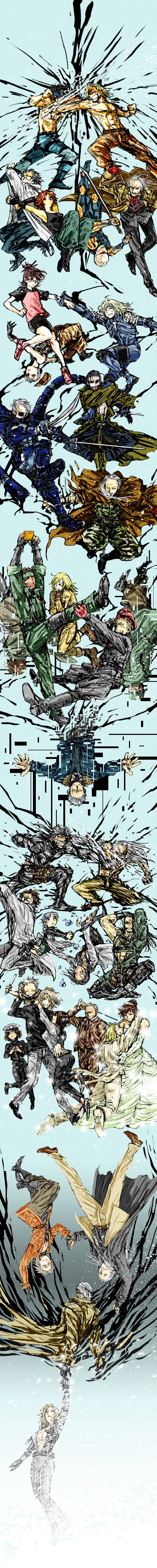 6+boys 6+girls ^_^ absurdres bad_id bad_pixiv_id big_boss big_mama black_necktie black_shirt blouse blue_background breasts brown_shirt camouflage cane cleavage closed_eyes collared_shirt dress durarara!! egg egg_(food) emma_emmerich eva_(metal_gear) everyone facial_hair food glowing gray_fox green_hat green_shirt hair_bun hal_emmerich hat highres holding holding_hands holding_sword holding_weapon johnny_sasaki liquid_snake little_john long_image masafumi mei_ling meryl_silverburgh metal_gear_(series) metal_gear_rising:_revengeance metal_gear_solid metal_gear_solid_2:_sons_of_liberty metal_gear_solid_3:_snake_eater metal_gear_solid_4:_guns_of_the_patriots multiple_boys multiple_girls multiple_persona naked_snake naomi_hunter necktie old old_man old_snake olga_gurlukovich peaked_cap pink_shirt pink_shoes raiden_(metal_gear) red_hat red_necktie revolver_ocelot rosemary roy_campbell shirt shoes single_hair_bun solid_snake solidus_snake standing standing_on_one_leg stubble sunny_emmerich sunny_side_up_egg sword tall_image the_boss the_sorrow topless_male trust_me_(durarara!!) vamp_(metal_gear) weapon wedding_dress