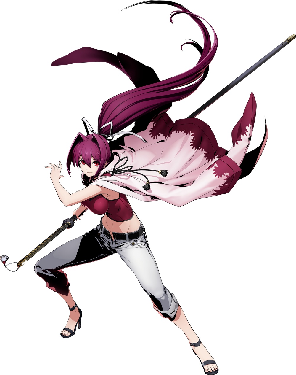 1girl artist_request blazblue blazblue:_cross_tag_battle dustloop_(site) erica_lindbeck fujimura_ayumi highres katana navel official_art open_fly pants sword tagme under_night_in-birth voice_actor_connection weapon yuzuriha_(under_night_in-birth)