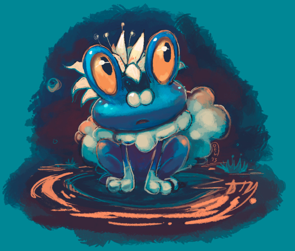 afloat blue_background commentary creature delano-laramie english_commentary froakie frog full_body gen_6_pokemon nintendo no_humans pokemon pokemon_(creature) signature simple_background solo water yellow_eyes
