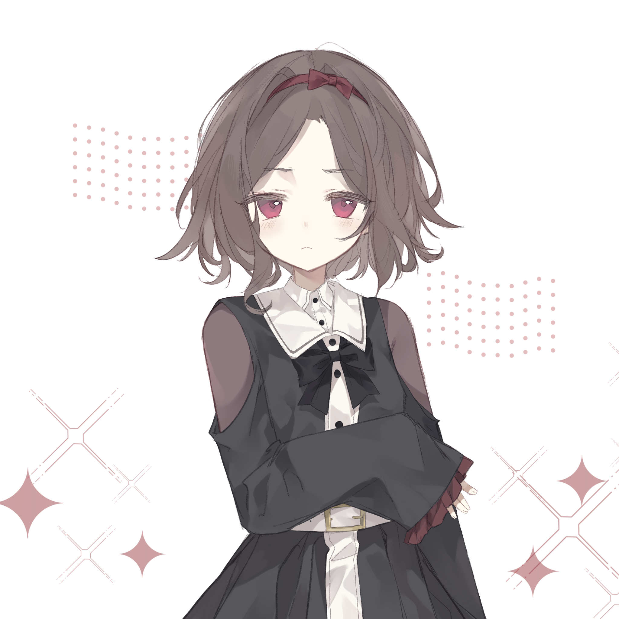 1girl belt black_dress black_ribbon black_skirt blush brown_hair dress ebizuka_tomo flat_chest frown girls_band_cry hand_up highres huaying_(yueluoshanhe103) long_sleeves looking_at_viewer nose_blush pink_eyes ribbon short_hair simple_background skirt star_(symbol) upper_body white_background white_belt