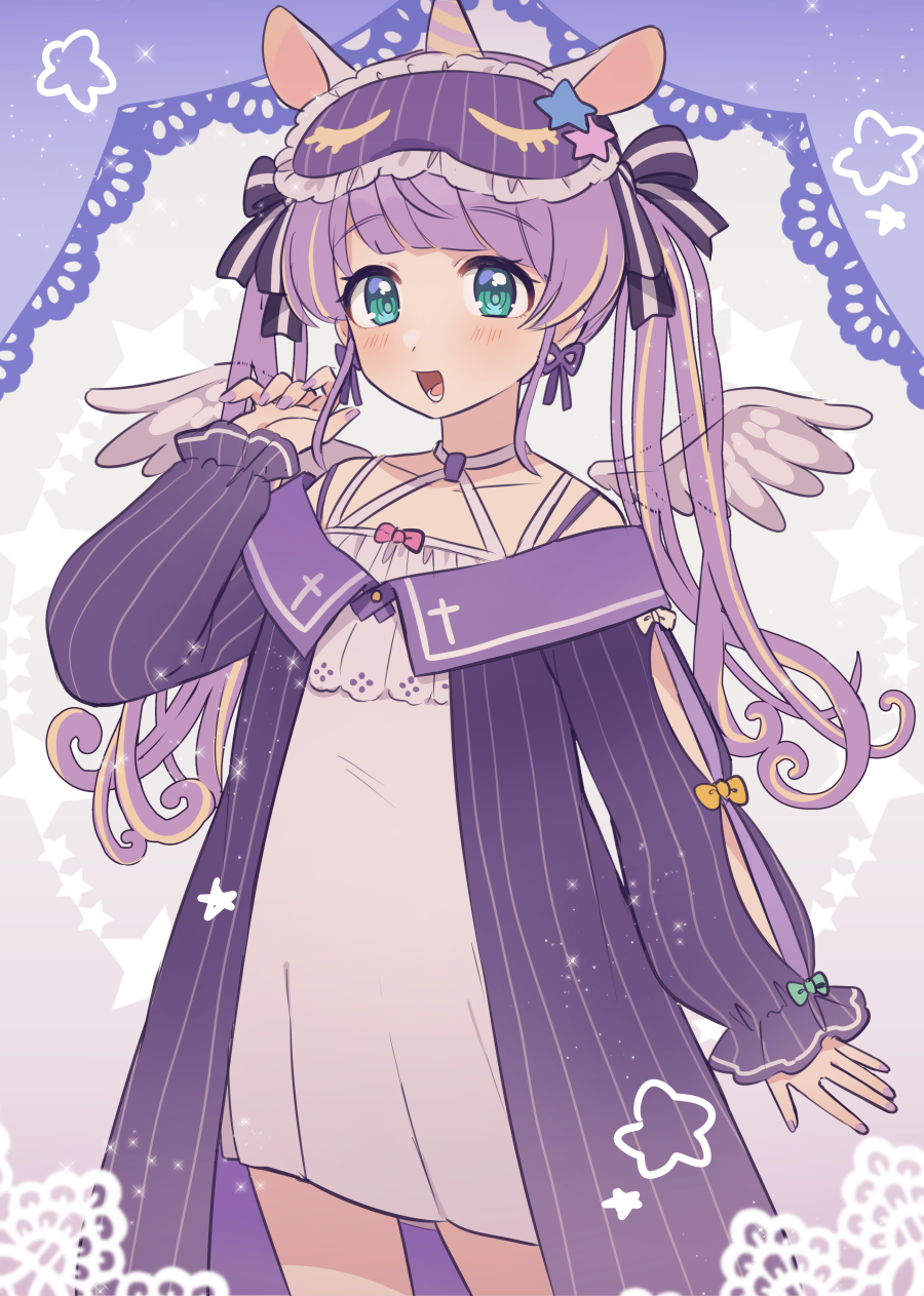1girl angel_wings animal_ears arm_at_side arm_cutout blue_eyes blush border commentary cowboy_shot detached_wings dress earrings halter_dress halterneck hand_up highres jewelry lace lace_border long_hair looking_at_viewer mini_wings mixed-language_commentary mochi_hiyoko mochipro multicolored_hair nightgown open_mouth ornate_border purple_hair purple_nails purple_nightgown remotarou short_dress sleep_mask smile solo standing star_(symbol) star_symbol_background streaked_hair twintails unicorn_horn virtual_youtuber white_dress wings