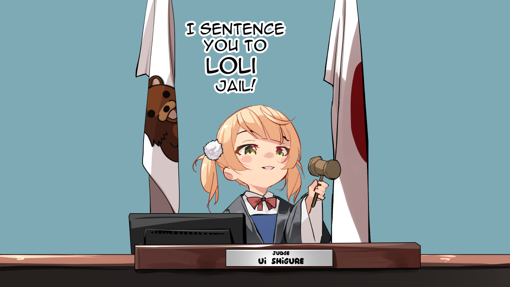 1girl blush_stickers commentary english_commentary english_text green_eyes hair_ornament hammer holding holding_hammer indie_virtual_youtuber japanese_flag judge open_mouth pedobear pom_pom_(clothes) pom_pom_hair_ornament shigure_ui_(vtuber) shigure_ui_(vtuber)_(young) short_hair solo sydus twintails virtual_youtuber