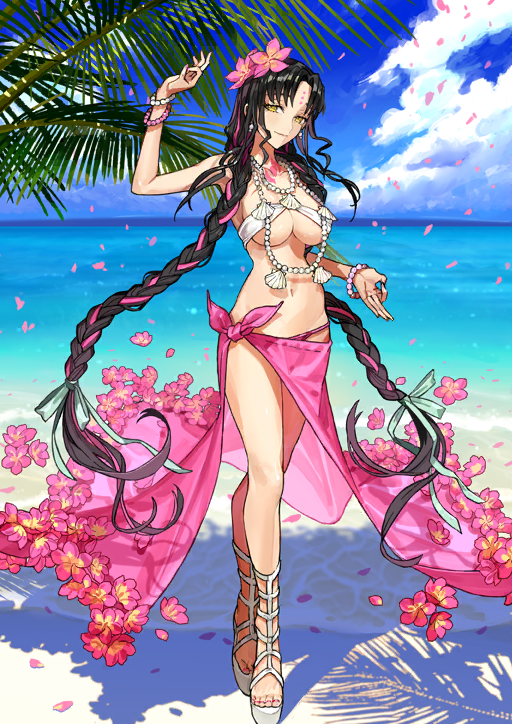 1girl arm_up beach bead_bracelet beads bikini black_hair bracelet braid breasts chest_tattoo cleavage closed_mouth collarbone crossed_ankles crossed_legs curtained_hair earrings facial_mark fate/grand_order fate_(series) fingernails floating_clothes floating_hair flower flower_request forehead_mark full_body game_cg green_ribbon hair_flower hair_ornament hair_ribbon hand_up horizon jewelry large_breasts legs_together long_hair looking_at_viewer lowleg lowleg_bikini micro_bikini mismatched_bikini multicolored_hair multiple_bracelets multiple_necklaces narrow_waist navel necklace official_art ok_sign palm_tree pearl_necklace pink_bikini pink_flower pink_nails pink_petals pink_sarong pink_streaks platform_sandals ribbon sandals sarong seashell sessyoin_kiara sessyoin_kiara_(swimsuit_mooncancer) sessyoin_kiara_(swimsuit_mooncancer)_(first_ascension) shell sling_bikini_top smile solo strapless strapless_bikini streaked_hair swimsuit tattoo third-party_source toenails toes tree twin_braids two-tone_hair underboob variant_set very_long_hair wada_arco white_bikini white_sandals yellow_eyes
